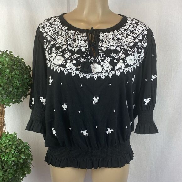 Ralph Lauren Black & White Peasant Boho Cottagecore Embroidered Blouse Top M - Picture 1 of 4